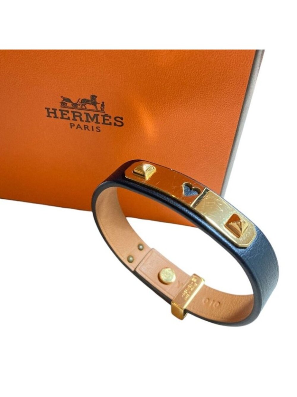 Hermes As de Coule Heart Mochif Leather Bracelet T2 Navy Gold Brand